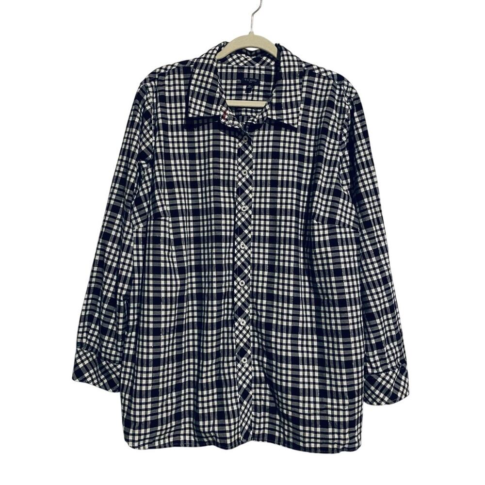 Talbots Top Shirt Womens 2X Plus Black Plaid Button Up LS Silver Metallic Cotton